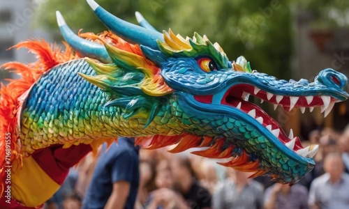 Chinese dragon with long face at Chinese New Year celebration. Chinese traditional dragon dance.