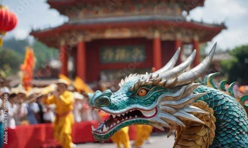 An old Chinese dragon at the Chinese new year celebration. Chinese traditional dragon dance.