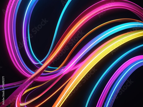 3d render. Abstract background of dynamic neon lines glowing in the dark, floor reflection, background with lines, Modern wallpaper with glowing neon lines. Created using generative AI
