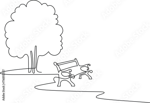 Wooden bench on a path in a garden or park. A place to relax in nature. Continuous line drawing. Vector illustration.