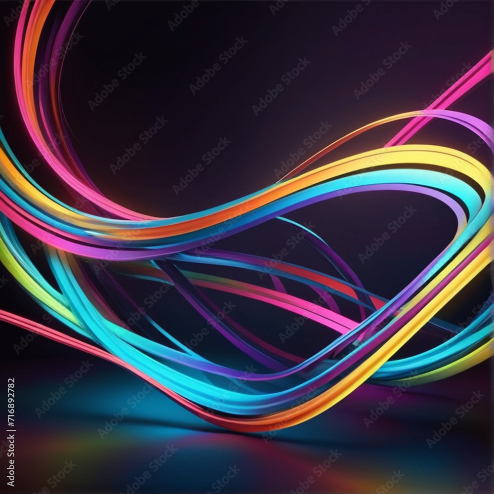 3d render. Abstract background of dynamic neon lines glowing in the dark, floor reflection, background with lines, Modern wallpaper with glowing neon lines. Created using generative AI