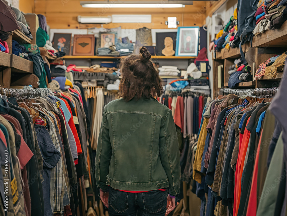 A person shopping for second-hand clothing in a thrift store