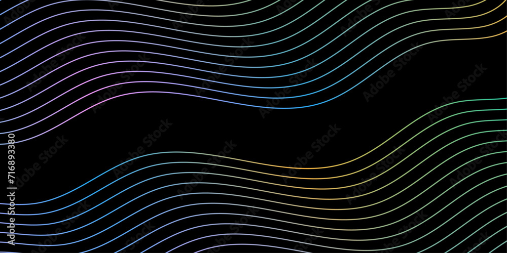 Abstract background with waves for banner. Medium banner size. Vector background with lines. Element for design isolated on black. Colorful gradient. Brochure