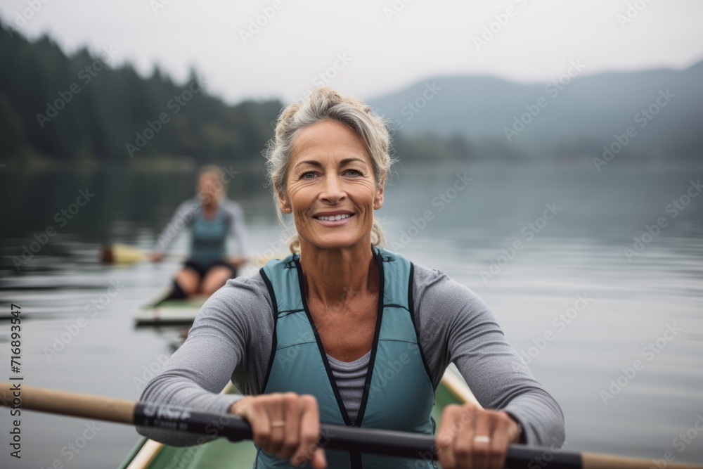 Portrait of a focused mature woman rowing in a lake. With generative AI technology
