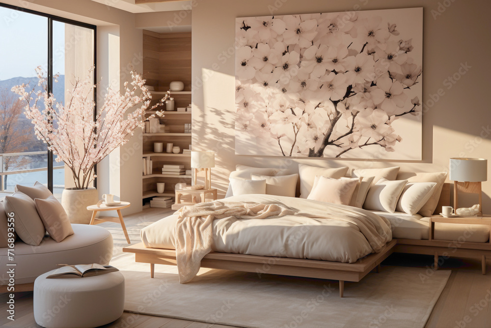 Embrace the serenity of a room adorned in soft beige hues, radiating a sense of calm and comfort. Unwind in this cozy haven, where every detail contributes to a peaceful and inviting atmosphere.