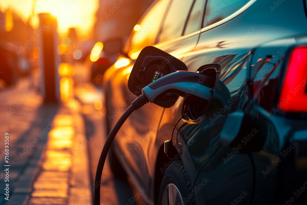 Close-up of electric car charging station booth sunset. Concept biofuel, ecology transportation, power supply battery charge energy, electro mobility, biofuel. Solving environmental pollution problems