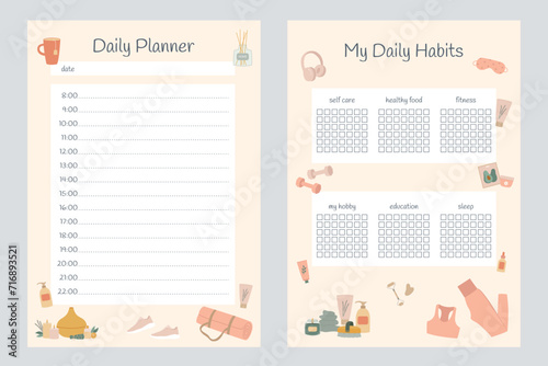 Self care checklist and daily planner set. Healthy habits for wellbeing. Body positive, mental health, self care, love yourself concept