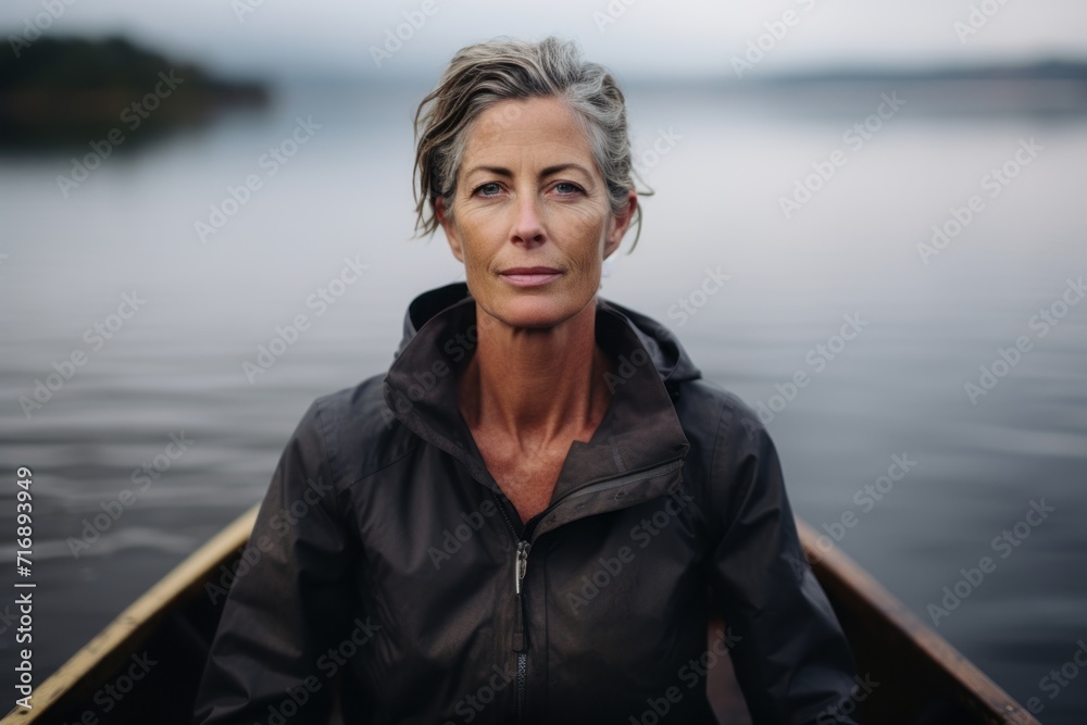 Portrait of a drained mature woman rowing in a lake. With generative AI technology Portrait of a drained mature woman rowing in a lake. With generative AI technology