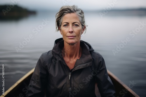 Portrait of a drained mature woman rowing in a lake. With generative AI technology © Markus Schröder