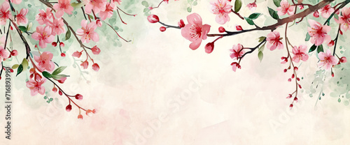 Artistic frame of cherry blooming trees, pink blossoms and green leaves to celebrate spring.