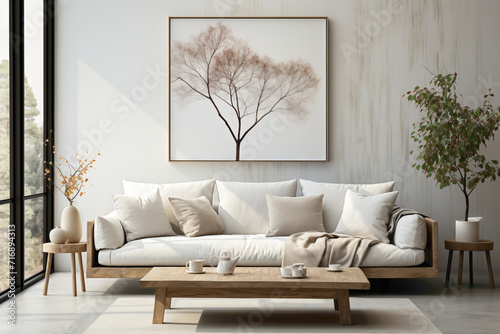 Embrace the simplicity of design in your living room. Visualize an empty frame in a simple mockup, serving as a perfect starting point for your creative journey in a serene environment. photo