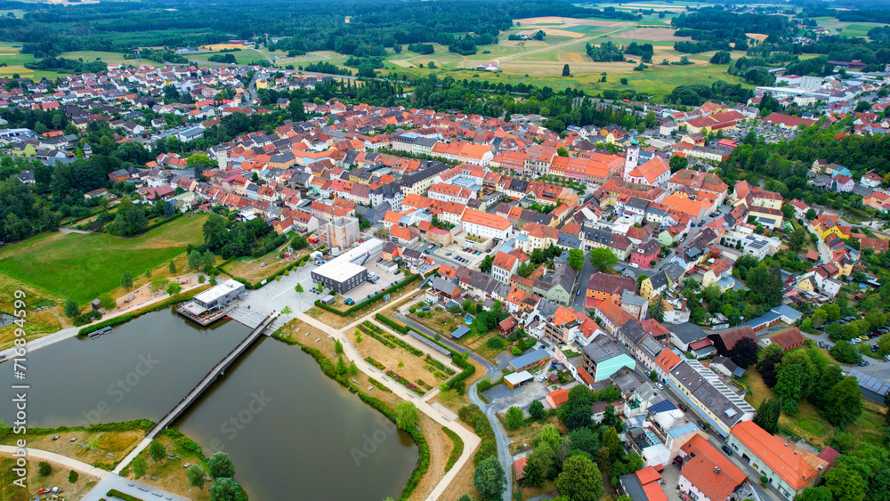 Aerial view of the city Tirschenreuth in Germany on a cloudy day in late Spring