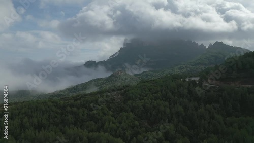 Mystical Montserrat Mountains Enshrouded by Clouds, Aerial View, Catalonia