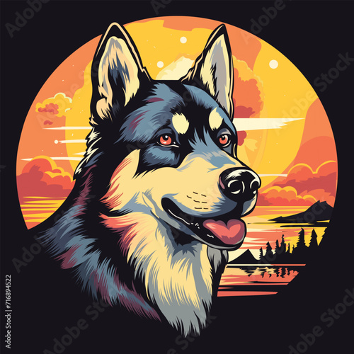 Vintage Siberian Husky dog Sunset beach vector illustration, Retro Siberian Husky Dog Tshirt Design