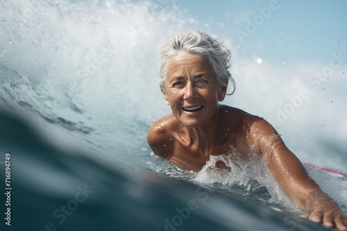 Portrait of a tired mature woman surfing in the sea. With generative AI technology
