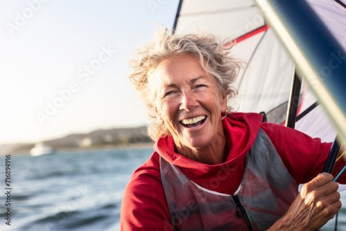 Portrait of a relaxed mature woman windsurfing in the sea. With generative AI technology