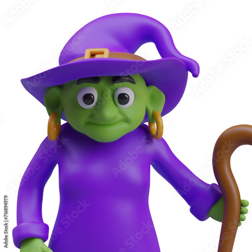 Portrait of witch with green face and purple dress and hat. Funny cartoon character holding cane. Concept of decoration for Halloween. Vector illustration in 3d style with white background