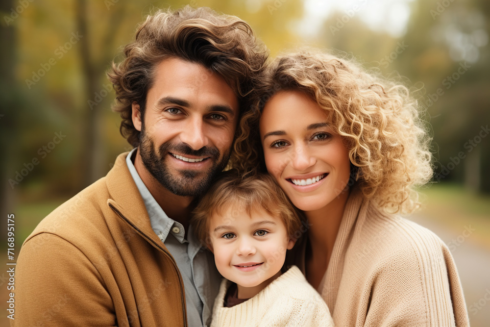 Fototapeta premium A warm family portrait featuring a smiling couple with their young child, exuding happiness