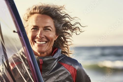 Portrait of a relaxed mature woman windsurfing in the sea. With generative AI technology © Markus Schröder