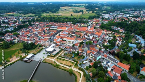 Aerial view of the city Tirschenreuth in Germany on a cloudy day in late Spring