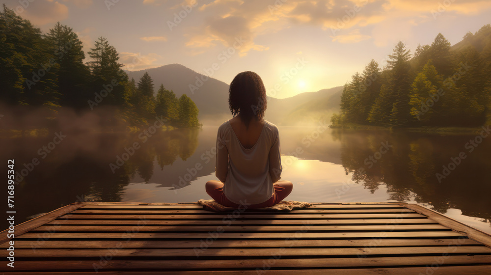 A woman meditation in lotus position on a wooden dock, in misty mountain lake at sunrise