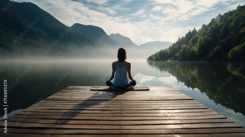 A woman meditation in lotus position on a wooden dock, in misty mountain lake at sunrise