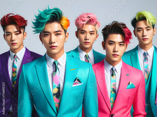 K-Pop Kaleidoscope: Vibrant Male Group with Colorful Looks, Fashionable Suits, and Stylish Hairstyles. generative AI photo