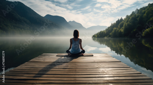 A woman meditation in lotus position on a wooden dock, in misty mountain lake at sunrise