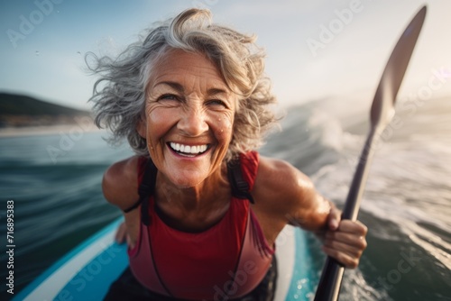 Portrait of a handsome mature woman windsurfing in the sea. With generative AI technology © Markus Schröder