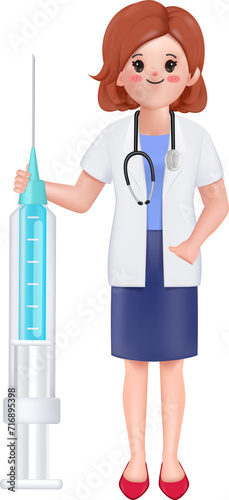 3D vector of Woman Doctor standing with big syringe. 