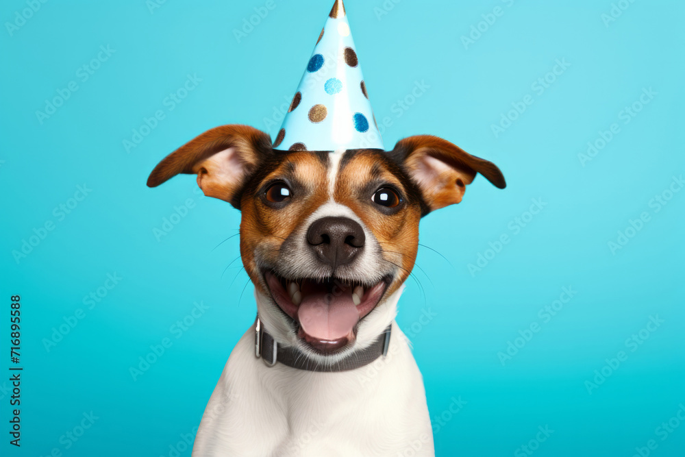 Close up happy dog with a festive cap on his head celebrates his birthday