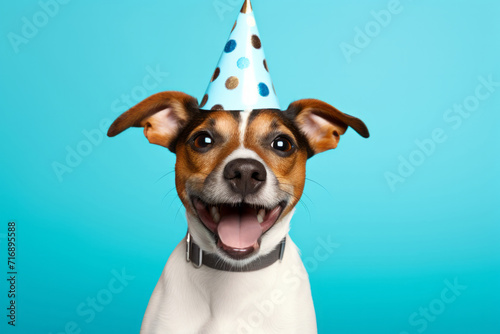 Close up happy dog with a festive cap on his head celebrates his birthday © Sunny