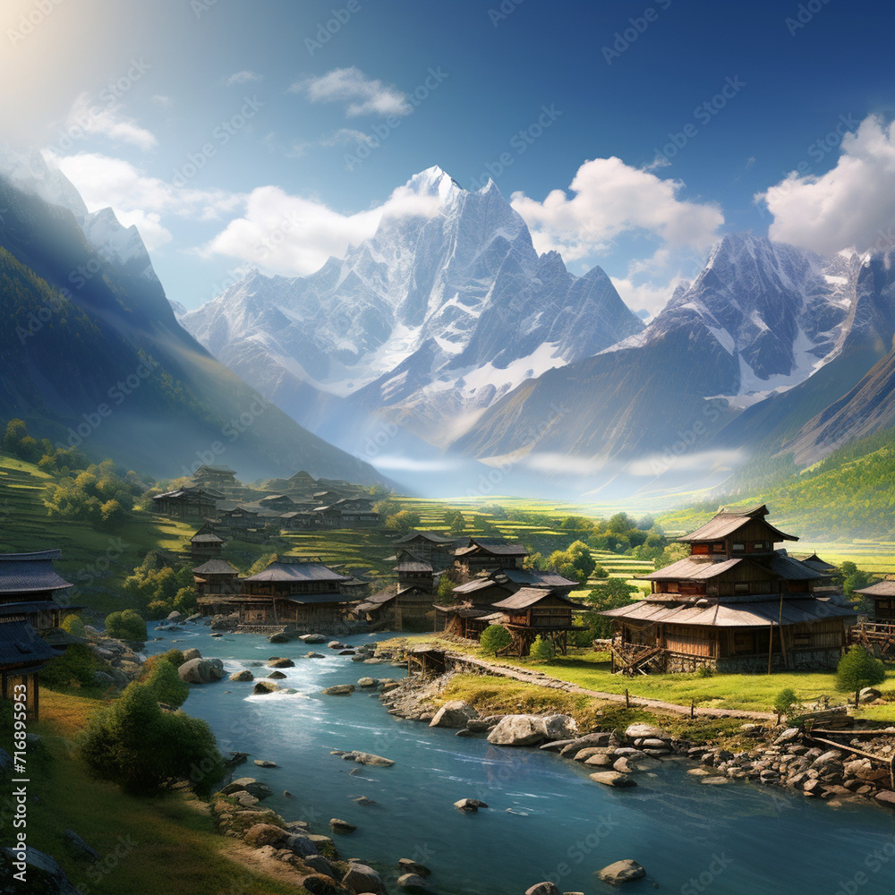 A tranquil village nestled at the foot of a majestic mountain range created with Generative Ai