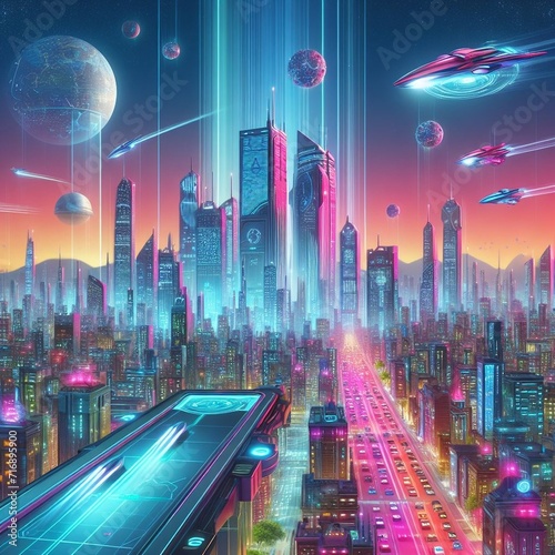 futuristic cities uturistic city, skyscrapers, advanced technology, renewable energy, efficient public transportation, modern architecture, green spaces, drones, led lighting  #716895900