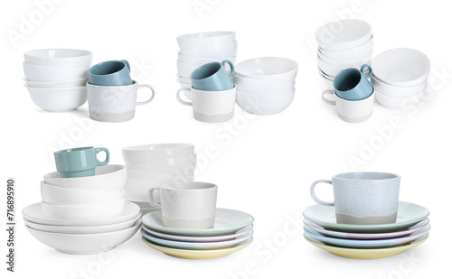 Stacks of ceramic plates, bowls and cups isolated on white, set