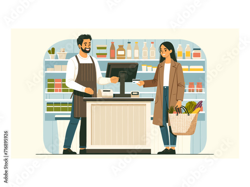 cashier assisting customer at supermarket checkout credit card store shopping