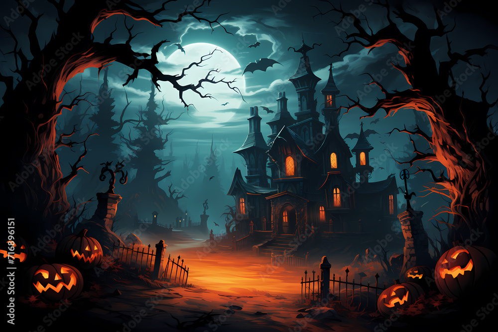 Eerie Halloween Night in Haunted Forest, Spooky Jack-o'-Lanterns, Creepy Trees, Full Moon, Trick or Treat, Mystical October Scenery, Horror Theme, Festive Autumn Illustration, Dark Woods