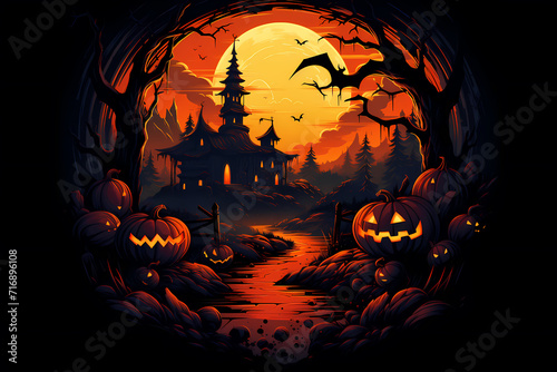 "Spooky Halloween Scene with Haunted House, Sinister Full Moon, Creepy Pumpkins, Eerie Night, Gothic Architecture, Scary Landscape, Trick or Treat Adventure, October Night, Halloween Theme