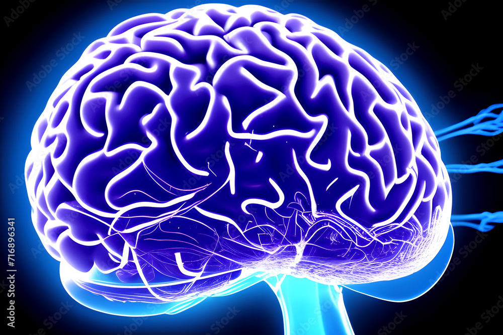 Illustration of a realistic close-up of the human brain showing firing neurons and nerve extensions, cells in a vein, concept of National Doctors Day Illustration of a realistic close-up of the human brain showing firing neurons and nerve extensions, cells in a vein, concept of National Doctors Day