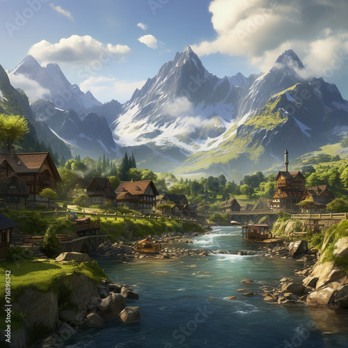 A tranquil village nestled at the foot of a majestic mountain range created with Generative Ai