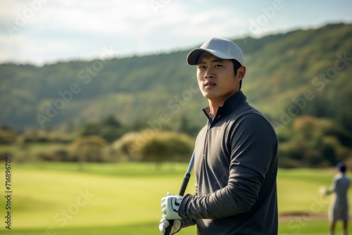 Portrait of an inspired boy in his 20s playing golf on a course. With generative AI technology