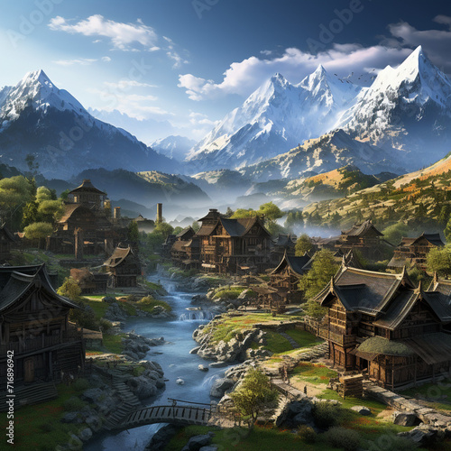 A tranquil village nestled at the foot of a majestic mountain range created with Generative Ai