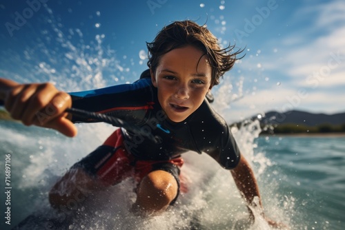 Portrait of a concentrated kid male doing water skiing in the sea. With generative AI technology photo