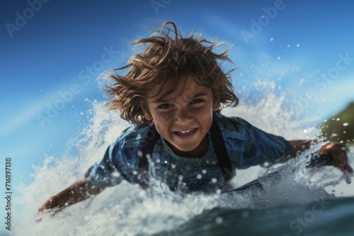 Portrait of a concentrated kid male doing water skiing in the sea. With generative AI technology