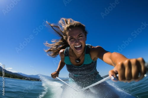 Portrait of a fitness girl in her 30s doing water skiing in the sea. With generative AI technology © Markus Schröder