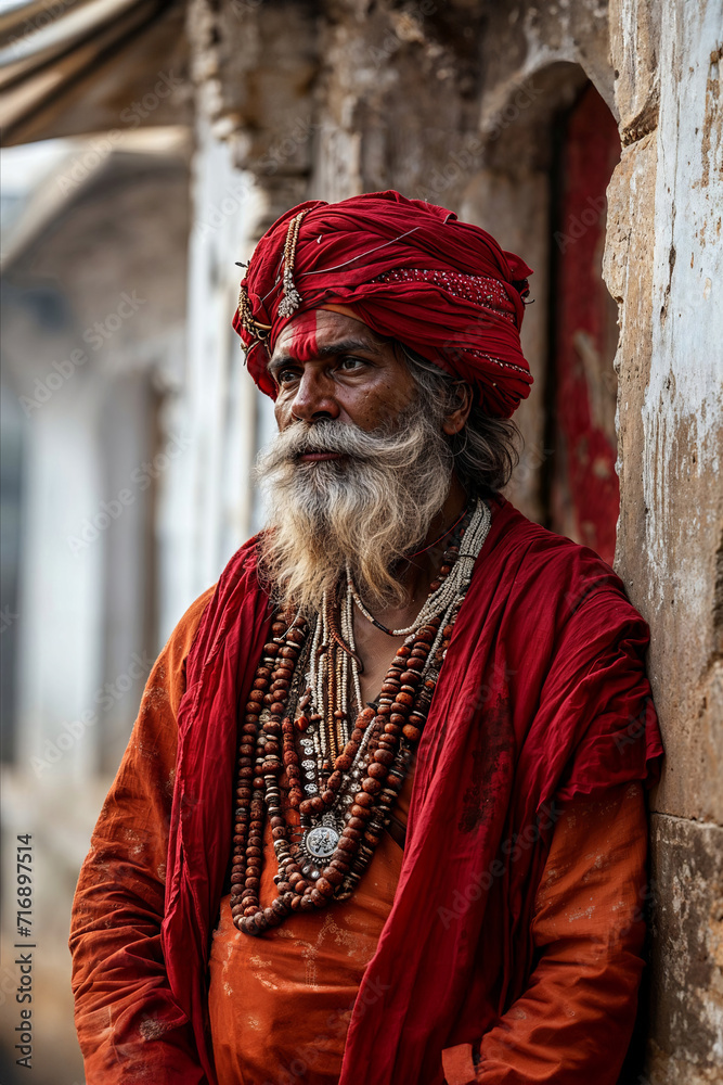 Ascetic Sadhu in Traditional Attire in India. Generative AI image