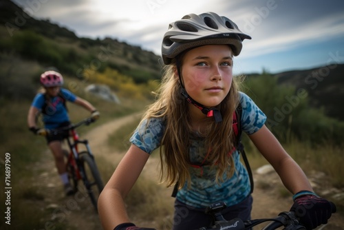 Portrait of a determined kid female practicing mountain biking. With generative AI technology © Markus Schröder