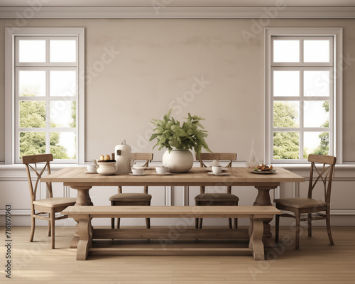 Farmhouse Style and Cozy Dining Room 3D Mockup Render © thecreativesupplies