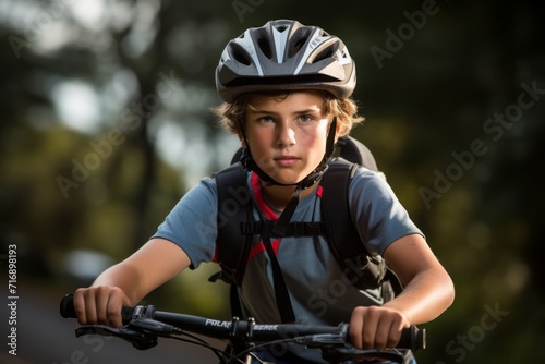 Portrait of a serious boy in his 30s practicing mountain biking. With generative AI technology
