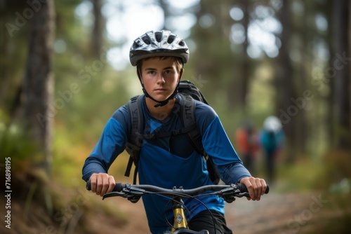Portrait of a serious boy in his 30s practicing mountain biking. With generative AI technology
